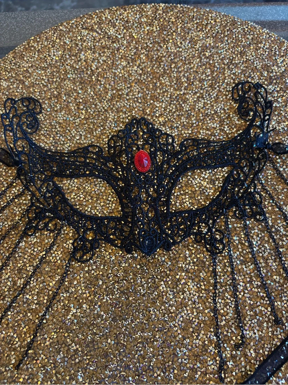 New Black Lace Masquerade Mask with Red Gem. Perfect Halloween Mask